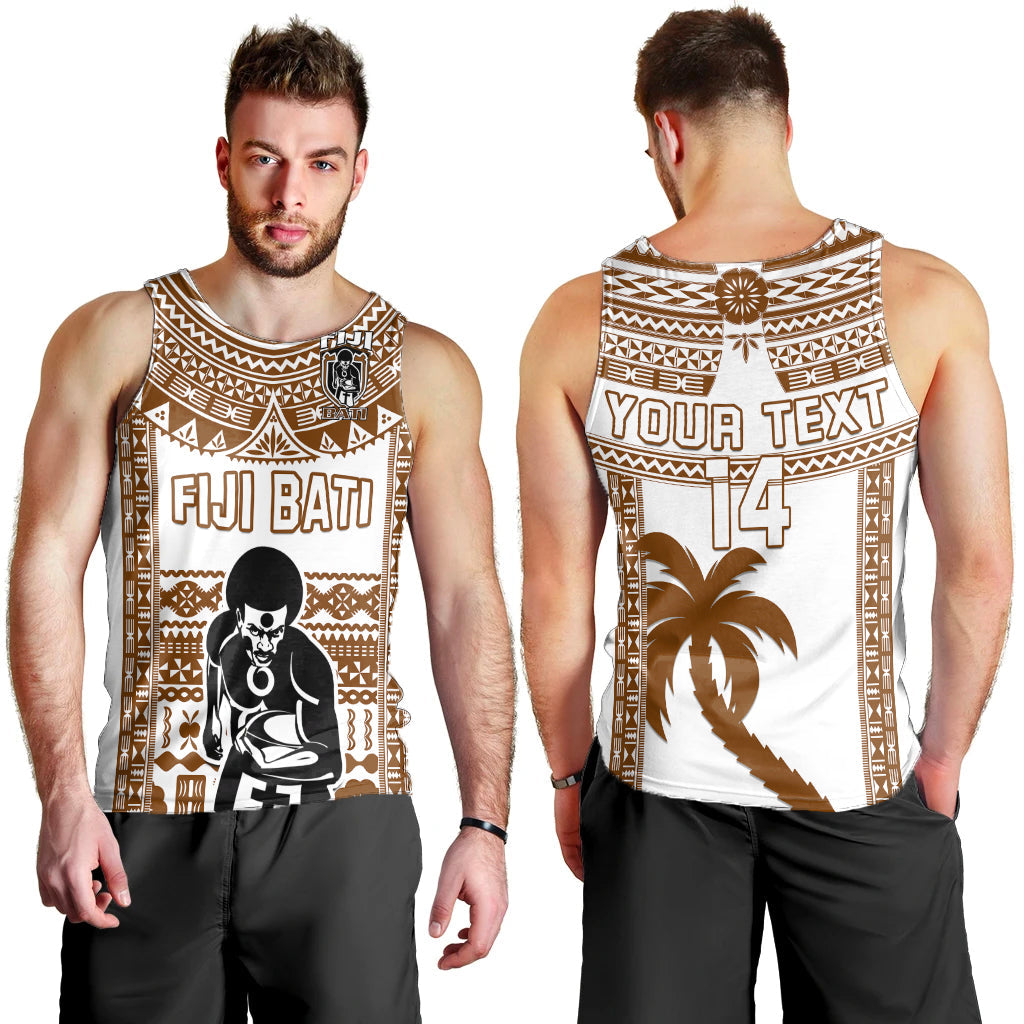Custom Text And Number Fiji Rugby Men Tank Top Pacific The Bati Brown Fijian Tapa