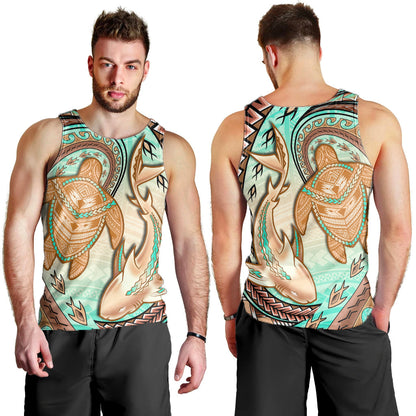 Hawaii Men Tank Top Polynesian Shark And Sea Turtle Dreamy Turquoise Artsy