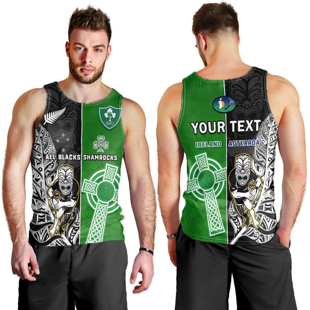 Custom Personalised New Zealand And Ireland Rugby Men Tank Top All Black Maori Mix Shamrocks