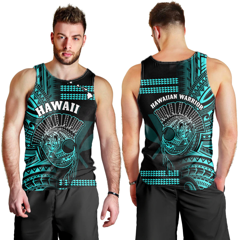 Hawaii Men Tank Top Kakau Warrior Helmet Gradient Turquoise Polynesian