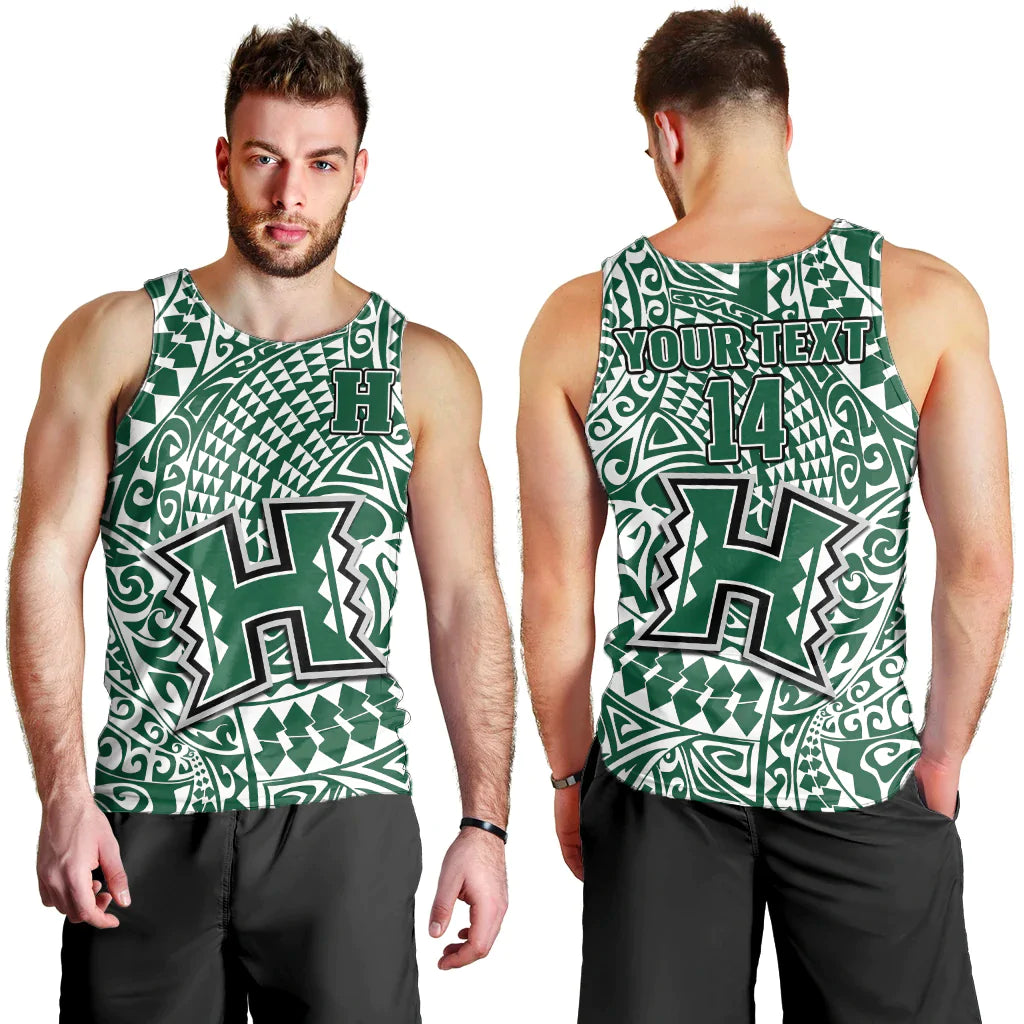 Custom Text And Number Hawaii Football Men Tank Top Rainbow Warriors Tribal Kakau