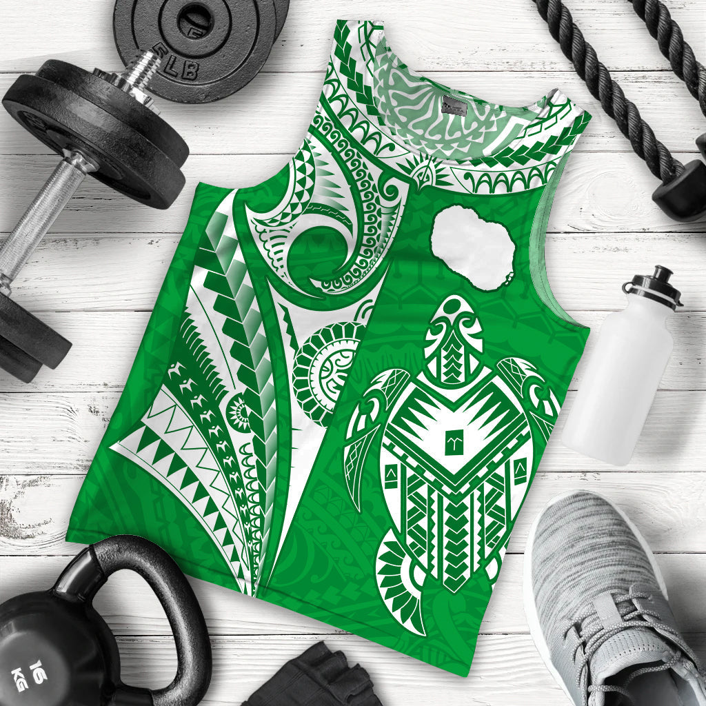 Rarotonga Cook Islands Men Tank Top Turtle and Map Style Green