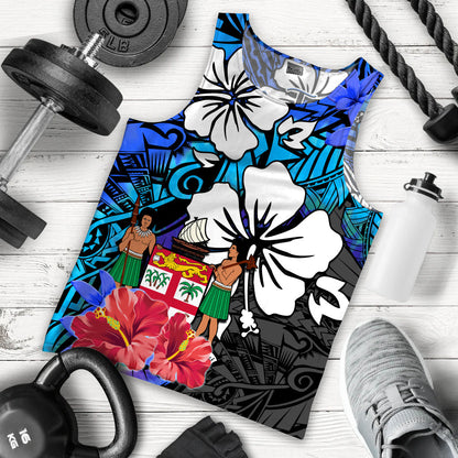 Custom Text and Number Fiji Tie Dye Men Tank Top Polynesian Blue Tribal Creative Tropical Flowers