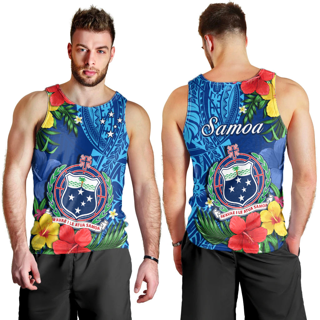 Samoa Men Tank Top Coat Of Arms Mix Tropical Flowers