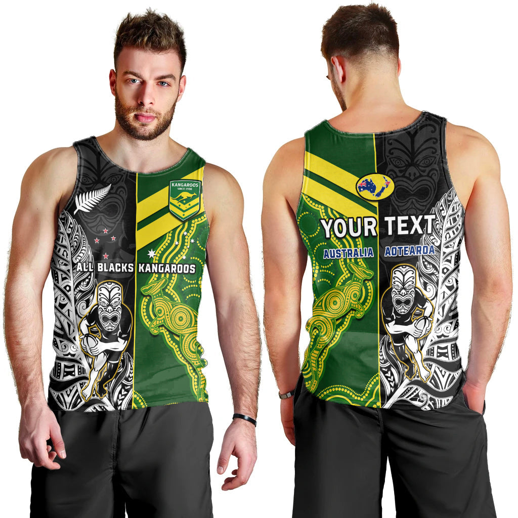 Custom Personalised Australia Kangaroos And All Black Rugby Men Tank Top Aboriginal Mix NZ Maori Fern