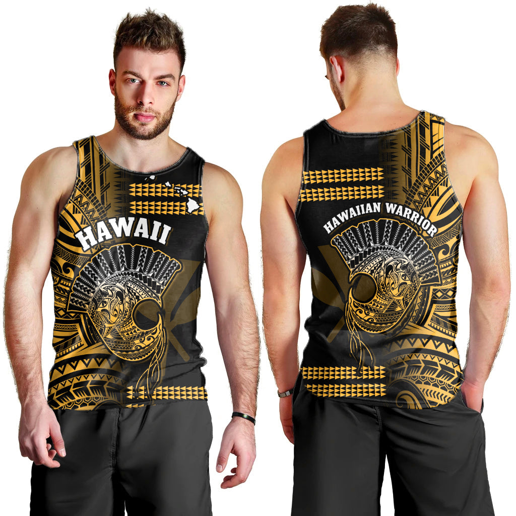 Hawaii Men Tank Top Kakau Warrior Helmet Gradient Gold Polynesian