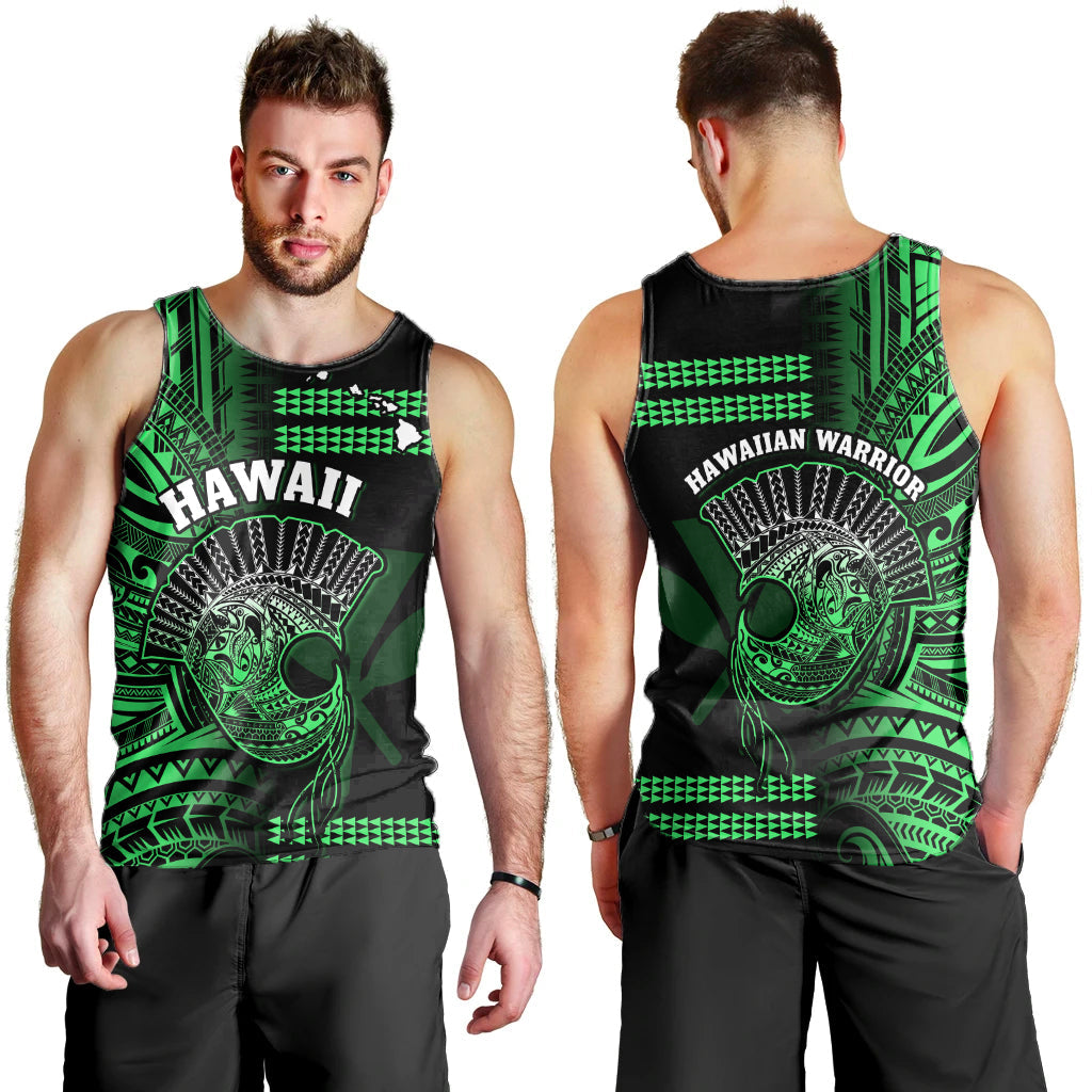 Hawaii Men Tank Top Kakau Warrior Helmet Gradient Green Polynesian