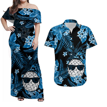 Matching Hawaiian Outfits For Couples Hawaii Summer Colorful Pineapple Combo Dress And Shirt Light Blue