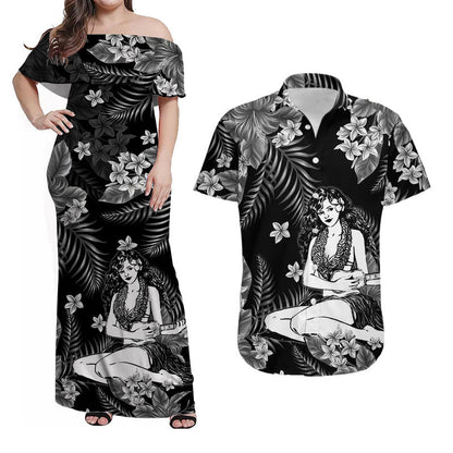 Polynesian Couple Outfits Hawaii Summer Colorful Hula Girl Combo Dress And Shirt Grey