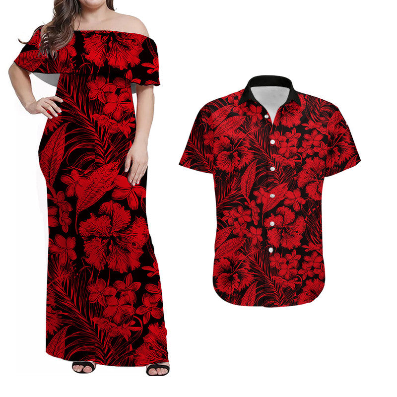 Matching Outfits For Couples Aloha Hawaii Flowers Summer Combo Dress And Shirt Red