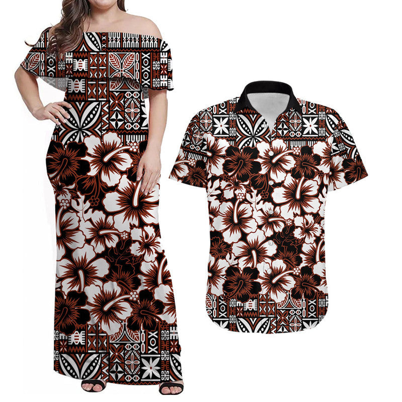 Matching Outfits For Couples Fiji Hibiscus Festival Combo Dress And Shirt Brown