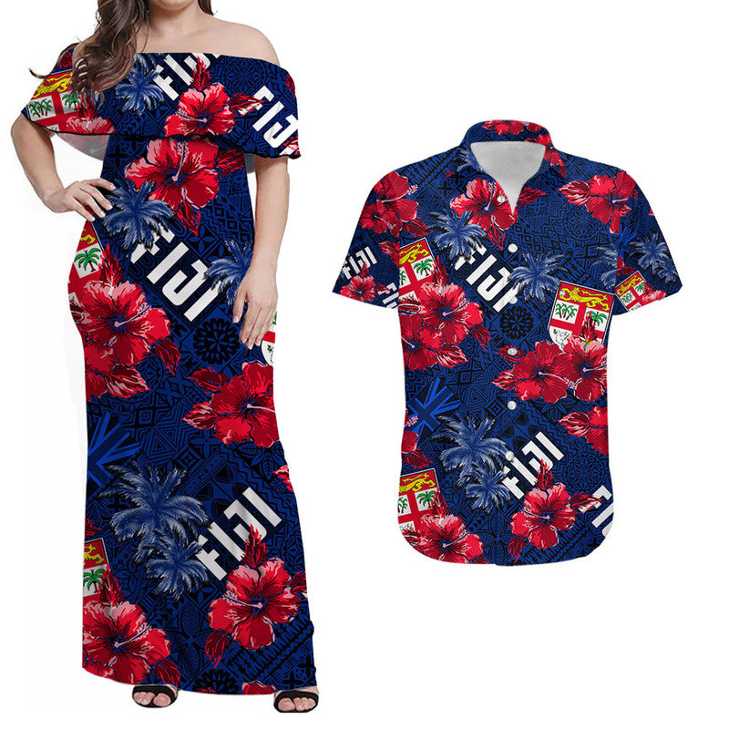 Matching Outfits For Couples Fiji Hibiscus Combo Dress And Shirt Hawaii Style No.2