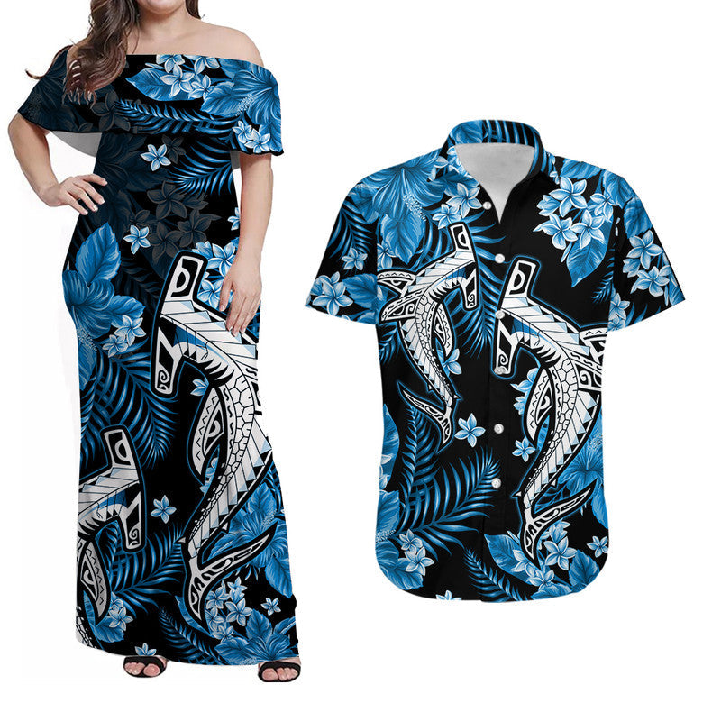 Hawaii Matching Clothes For Couples Hawaii Summer Colorful Shark Combo Dress And Shirt Light Blue