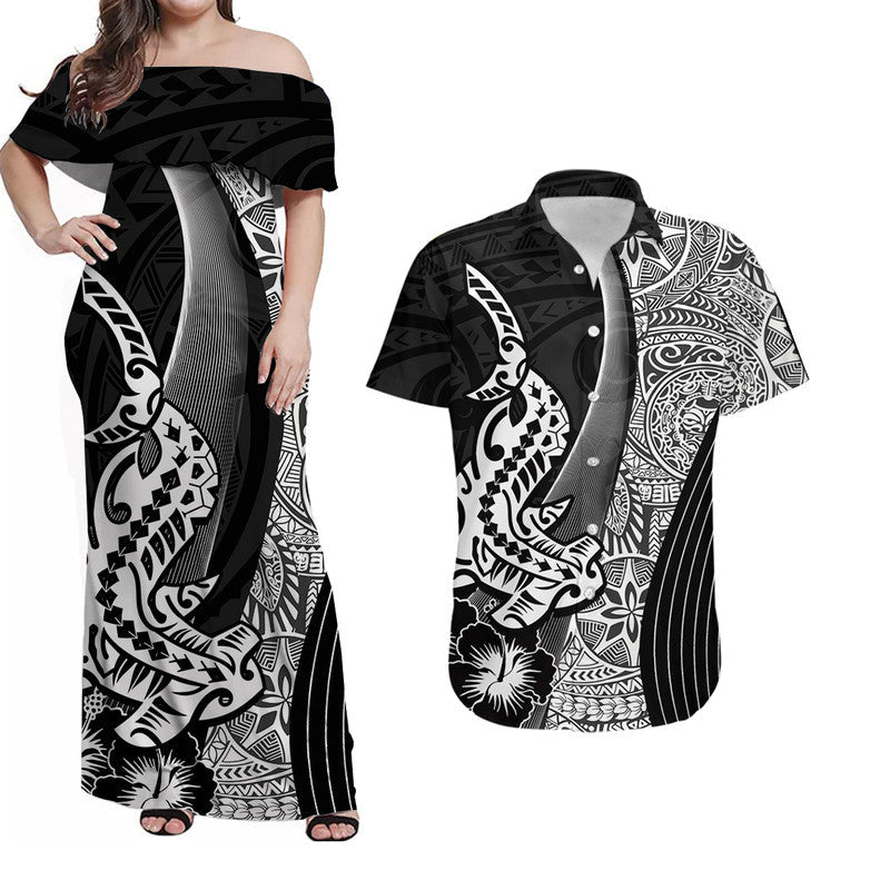 Hawaiian Matching Outfits For Couples Hawaiian Shark Polynesian Combo Dress And Shirt Vibe Black Style