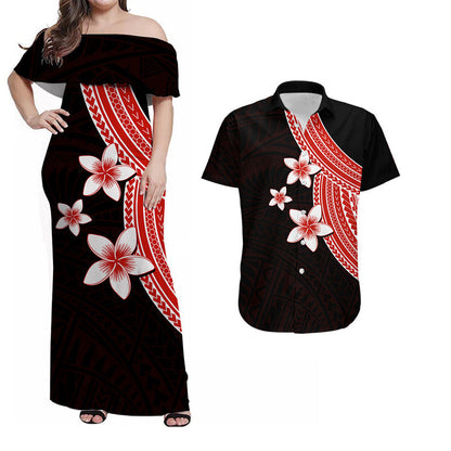 Polynesian Combo Dress And Shirt With Plumeria Flower Red