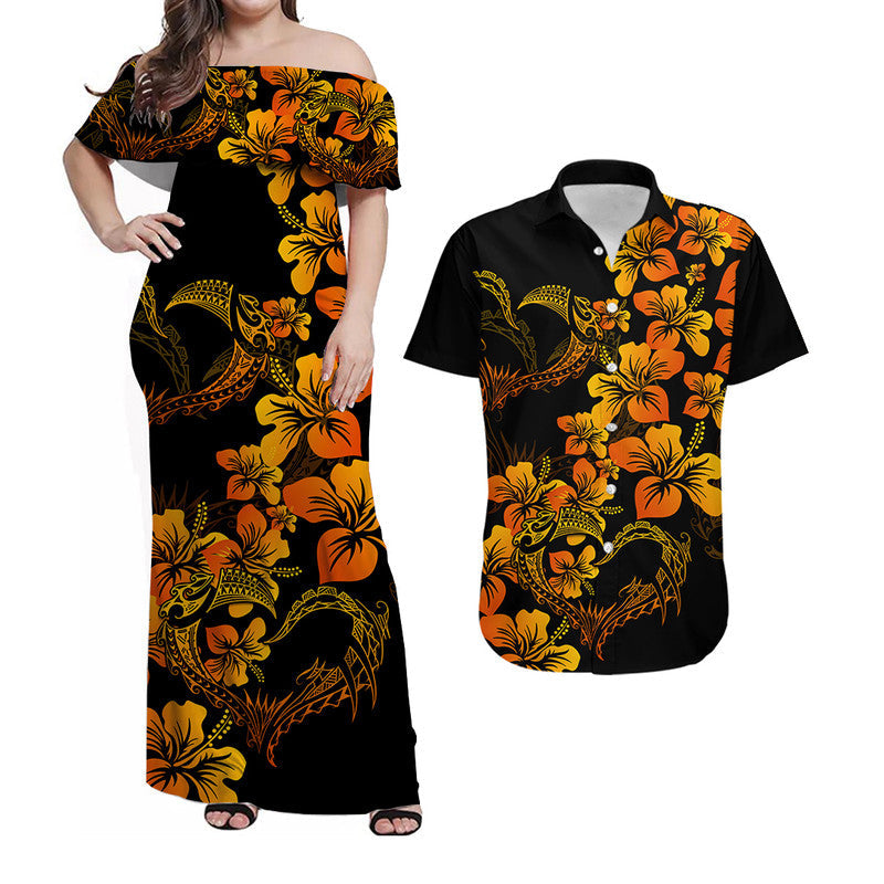 Matching Outfits For Couples Polynesian Valentine Combo Dress And Shirt Hibiscus Flowers Orange Style