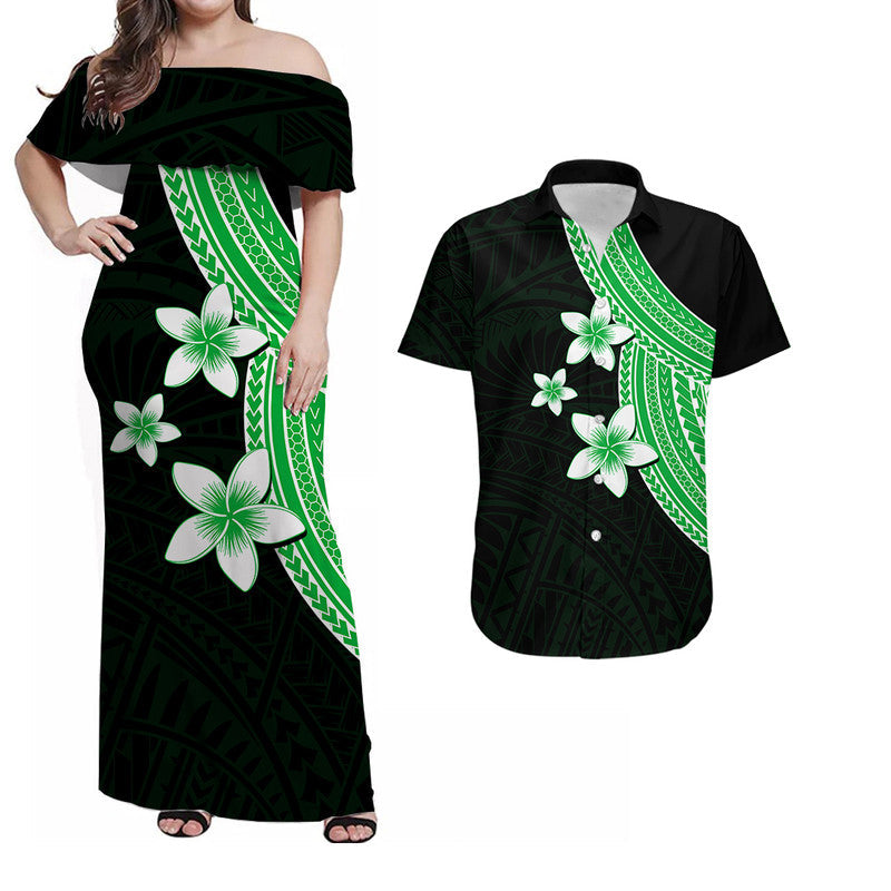 Polynesian Combo Dress And Shirt With Plumeria Flower Green