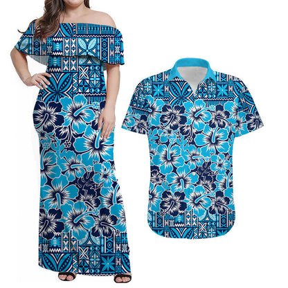 Matching Outfits For Couples Fiji Hibiscus Festival Combo Dress And Shirt Blue