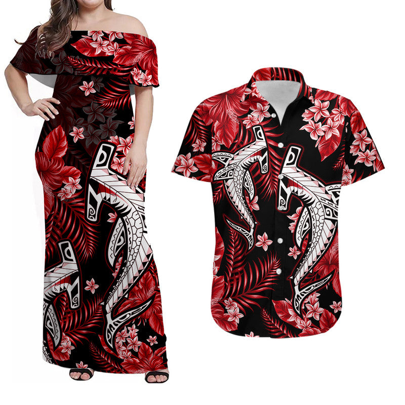 Hawaii Matching Clothes For Couples Hawaii Summer Colorful Shark Combo Dress And Shirt Red