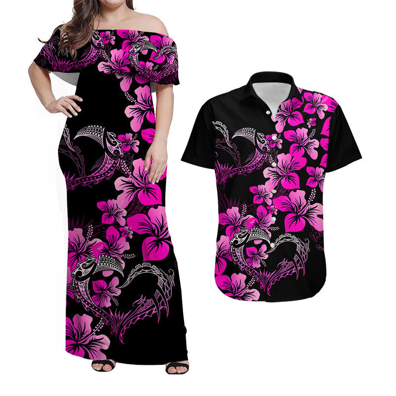 Matching Outfits For Couples Polynesian Valentine Combo Dress And Shirt Hibiscus Flowers Pink Style