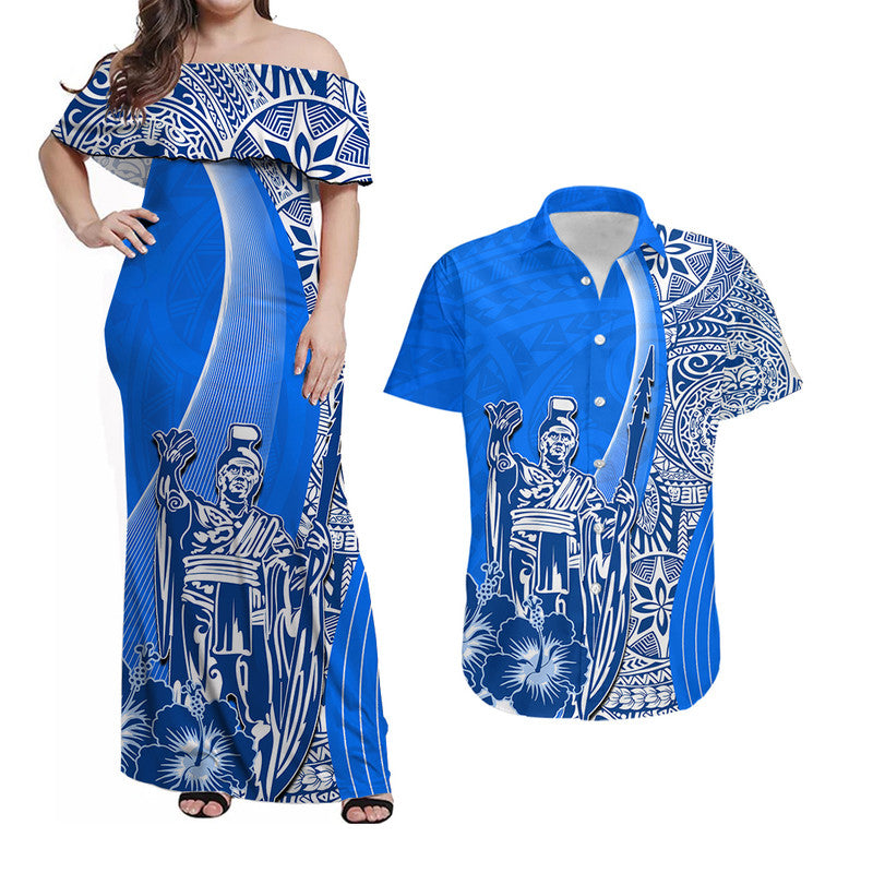 Hawaii Matching Clothes For Couples Hawaiian King Kamehameha Combo Dress And Shirt Vibe Blue Style