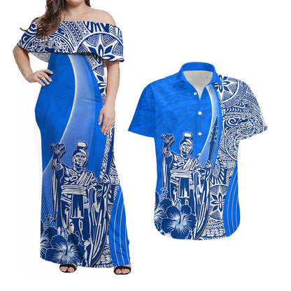 Hawaii Matching Clothes For Couples Hawaiian King Kamehameha Combo Dress And Shirt Vibe Blue Style