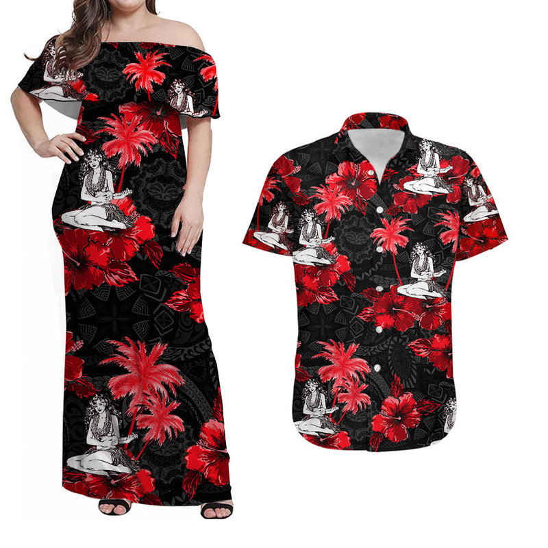 Matching Couple Hawaiian Outfits Hibiscus Floral Hawaii Summer Hula Girl Dress And Shirt No.2