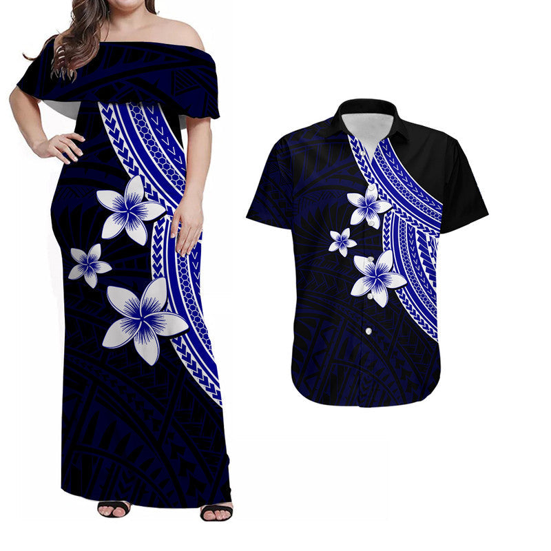 Polynesian Combo Dress And Shirt With Plumeria Flower Blue