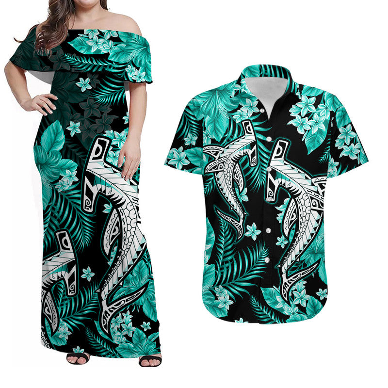 His And Her Hawaii Matching Outfits Hawaii Summer Colorful Shark Combo Dress And Shirt Turquesa