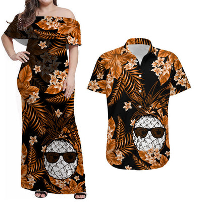 Hawaii Matching Clothes For Couples Hawaii Summer Colorful Pineapple Combo Dress And Shirt Orange