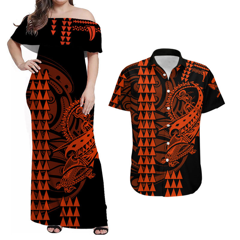 Hawaii Matching Clothes For Couples Hawaii Polynesian Warrior Kakau Combo Dress And Shirt Orange