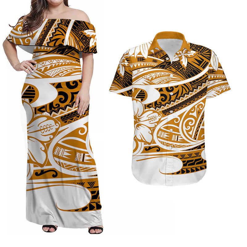 Hawaii Matching Outfits For Couples Polynesian Tribal Combo Dress And Shirt Gold