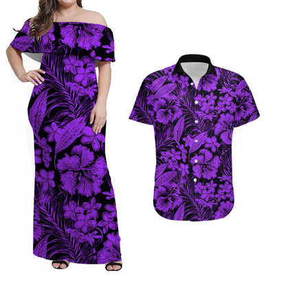 Matching Outfits For Couples Aloha Hawaii Flowers Summer Combo Dress And Shirt Purple