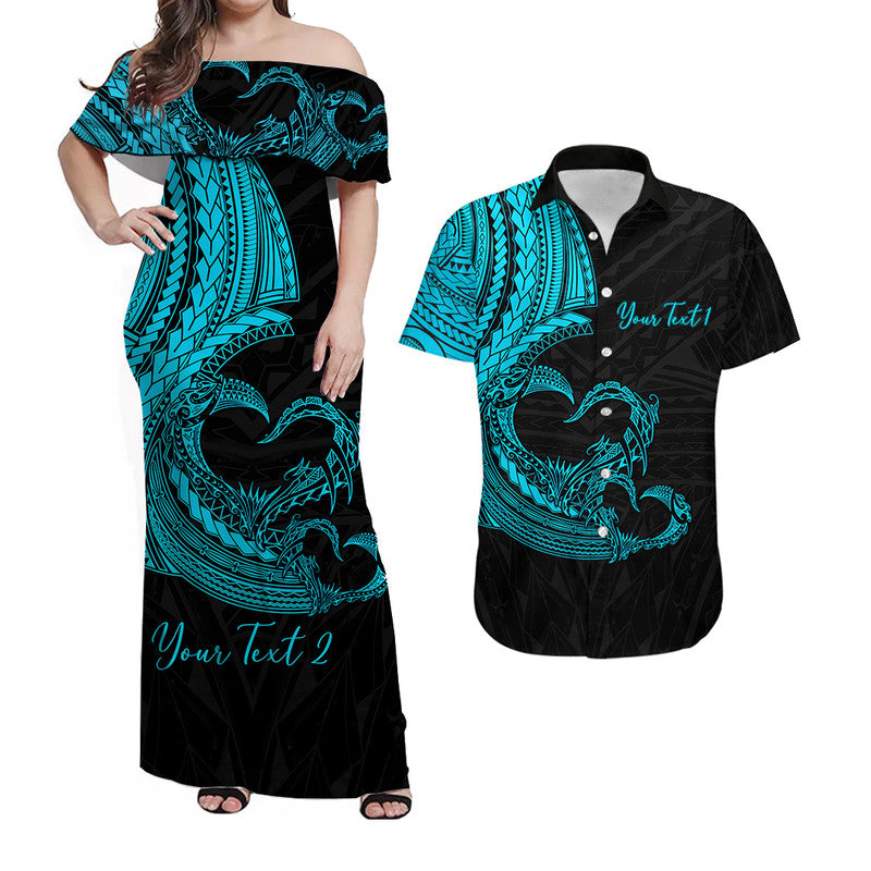 (Custom Personalised) Matching Outfits For Couples Polynesian Valentine Combo Dress And Shirt Heart Tattoo Blue Style