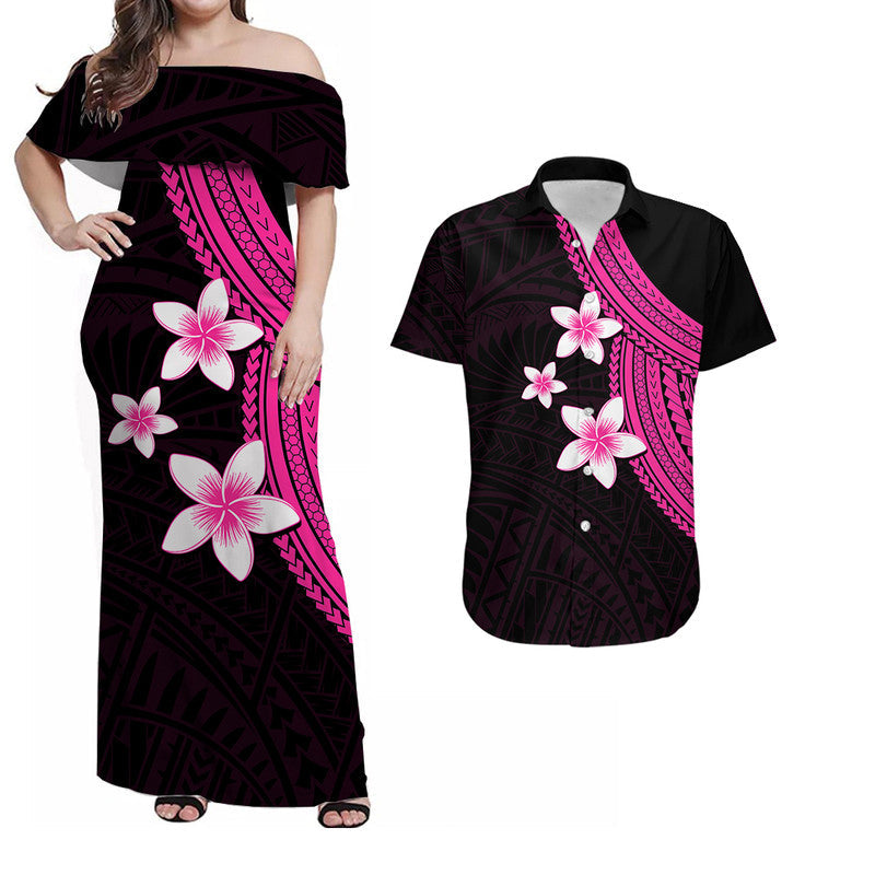 Polynesian Combo Dress And Shirt With Plumeria Flower Pink