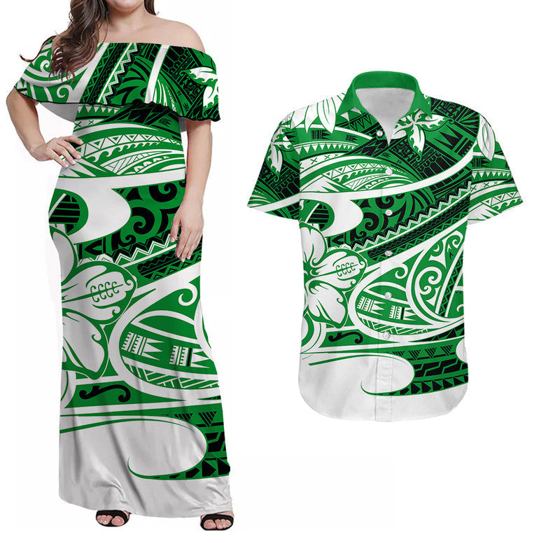 Hawaii Matching Outfits For Couples Polynesian Tribal Combo Dress And Shirt Green