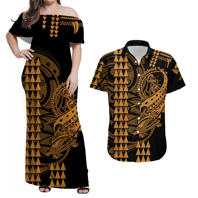 Hawaii Matching Clothes For Couples Hawaii Polynesian Warrior Kakau Combo Dress And Shirt Gold