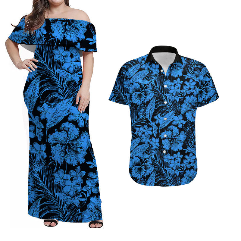 Matching Couple Hawaiian Outfits Aloha Hawaii Flowers Summer Combo Dress And Shirt Blue