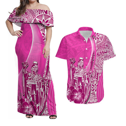 Hawaii Matching Clothes For Couples Hawaiian King Kamehameha Combo Dress And Shirt Vibe Pink Style
