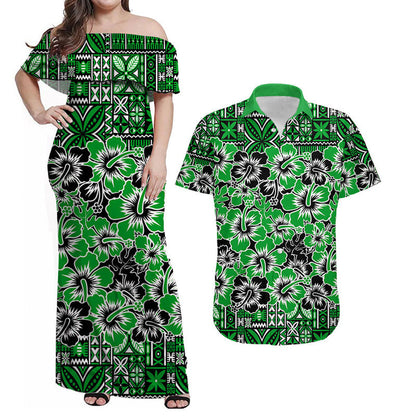 Matching Outfits For Couples Fiji Hibiscus Festival Combo Dress And Shirt Green
