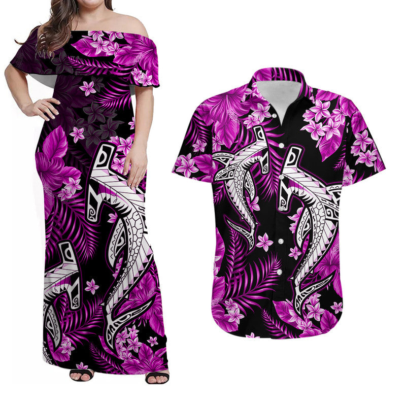 Hawaii Matching Clothes For Couples Hawaii Summer Colorful Shark Combo Dress And Shirt Purple