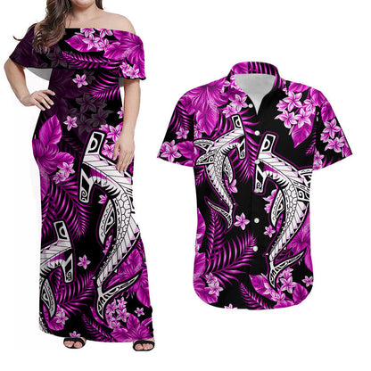 Hawaii Matching Clothes For Couples Hawaii Summer Colorful Shark Combo Dress And Shirt Purple