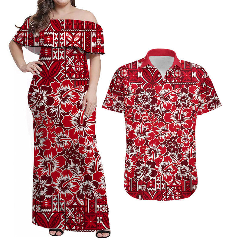 Matching Clothes For Couples Fiji Hibiscus Festival Combo Dress And Shirt Red