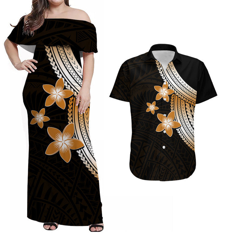 Polynesian Combo Dress And Shirt With Plumeria Flower Gold