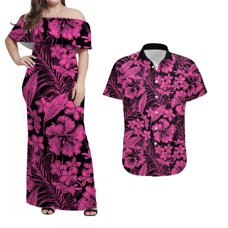 Matching Outfits For Couples Aloha Hawaii Flowers Summer Combo Dress And Shirt Pink