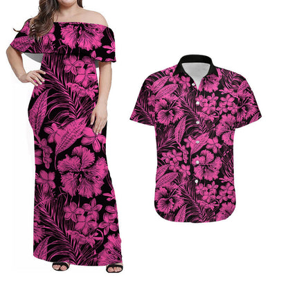 Matching Outfits For Couples Aloha Hawaii Flowers Summer Combo Dress And Shirt Pink