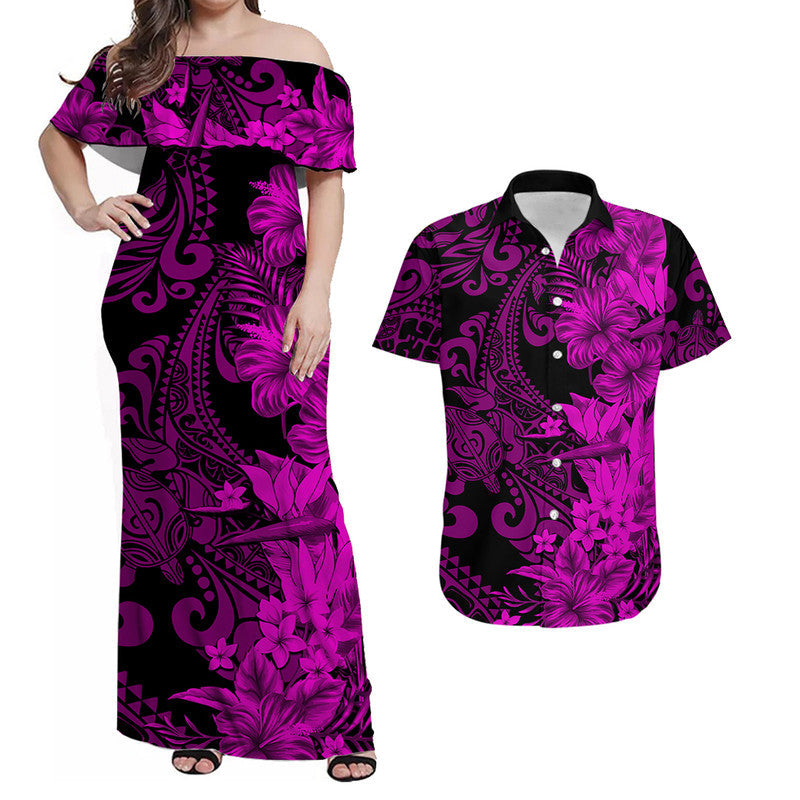 Hawaiian Matching Outfits For Couples Hawaii Flowers Mix Tribal Pattern Combo Dress And Shirt Purple