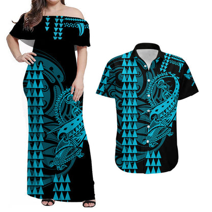 Hawaii Matching Clothes For Couples Hawaii Polynesian Warrior Kakau Combo Dress And Shirt Blue