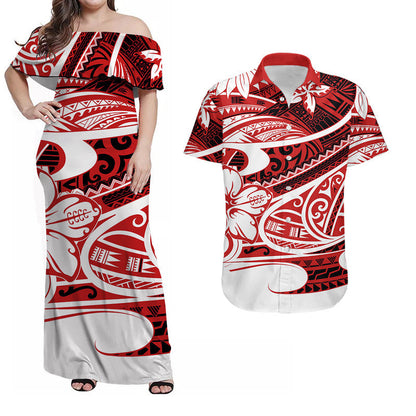 Matching Outfits For Couples Polynesian Tribal Combo Dress And Shirt Red