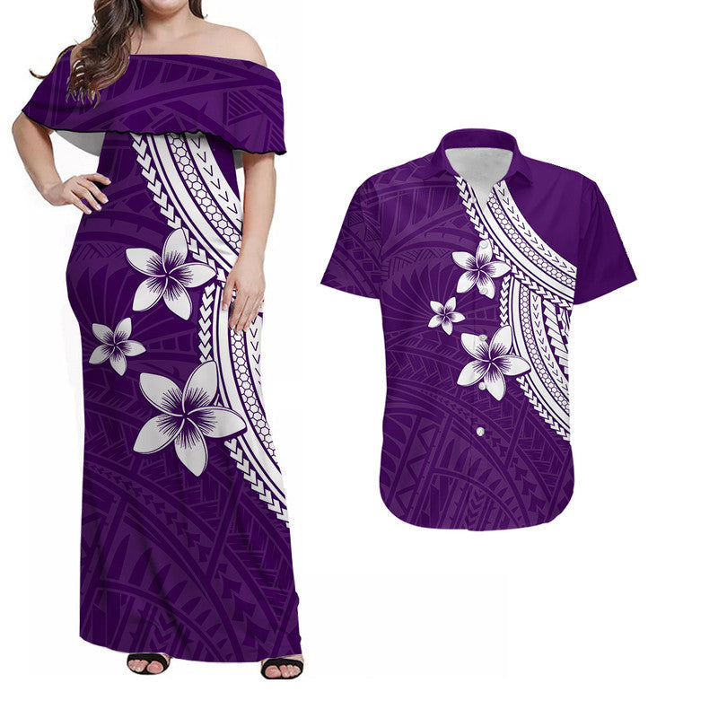 Polynesian Combo Dress And Shirt With Plumeria Flower Purple